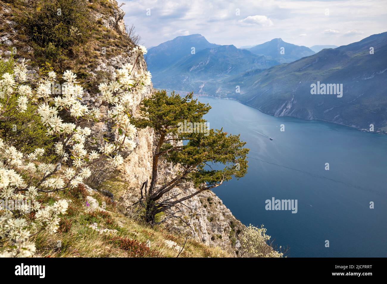 Italia, Trentino, provincia di Trento, Riva del Garda, Pregasina. Paesaggio da Punta Larici in alto sul lago di Garda Foto Stock