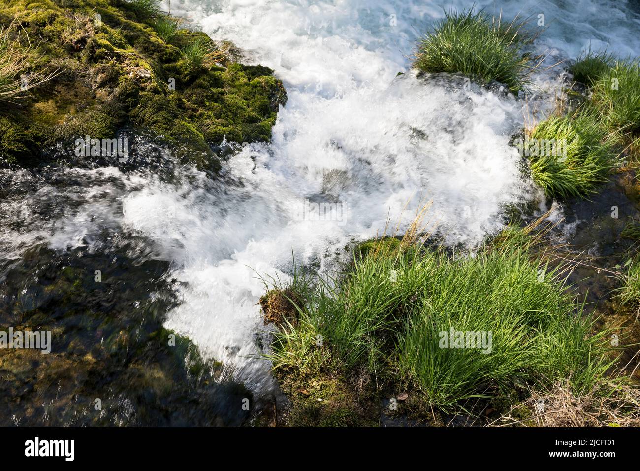 Piccola cascata e erba nel Parco Nazionale di Krka, Contea di Sibenik-Knin, Dalmazia, Croazia, Europa Foto Stock