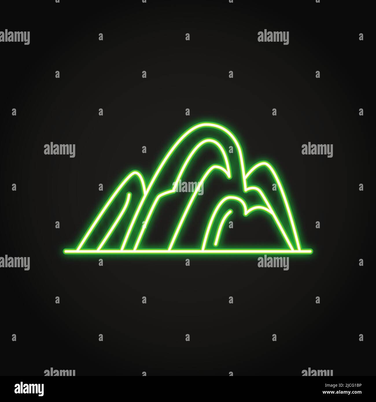 Montagna con logge icona in stile sottile linea. Roccia con simbolo altopiano. Illustrazione vettoriale. Illustrazione Vettoriale