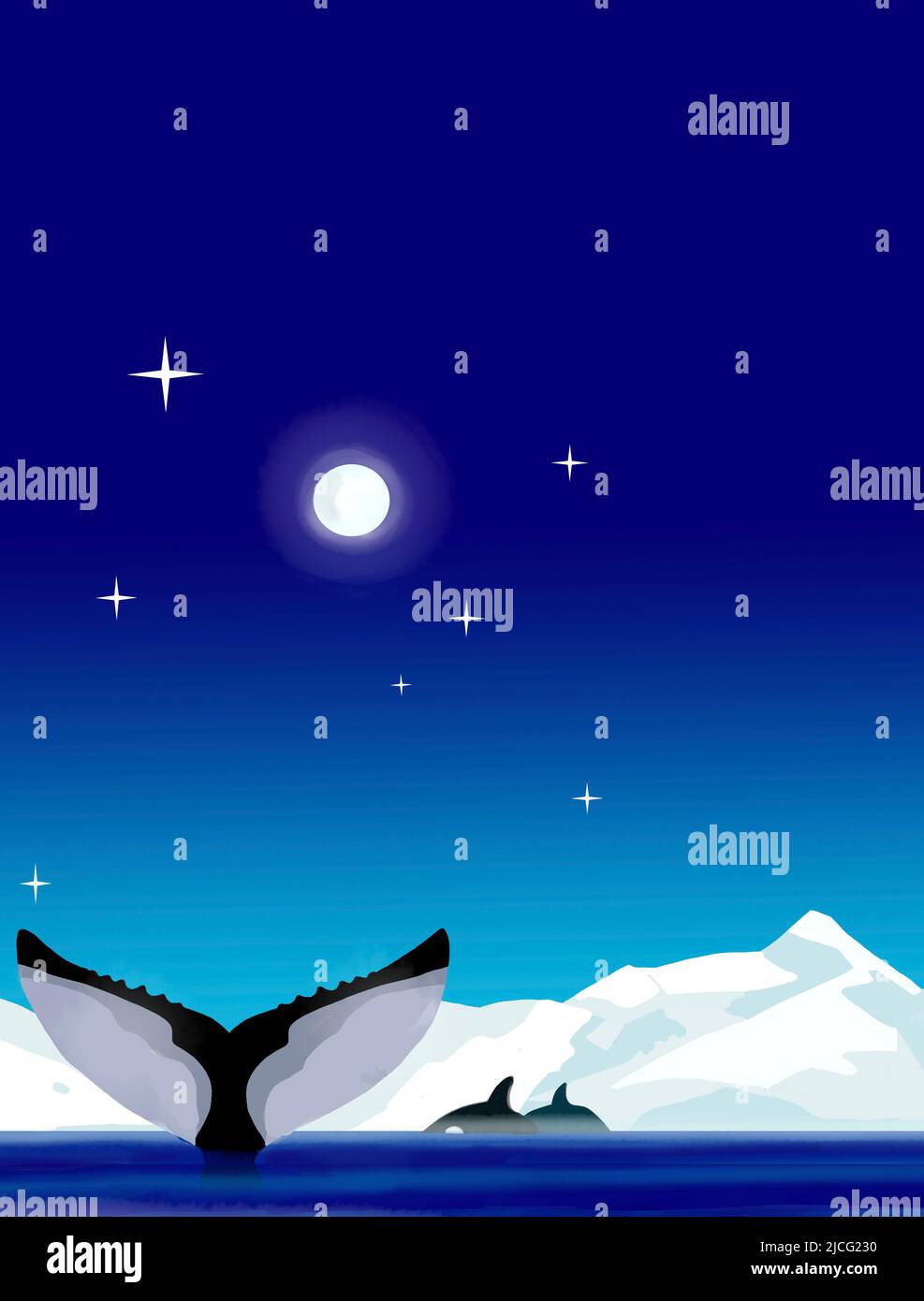 Illustrazione di paesaggio di ghiaccio con balene. Foto Stock