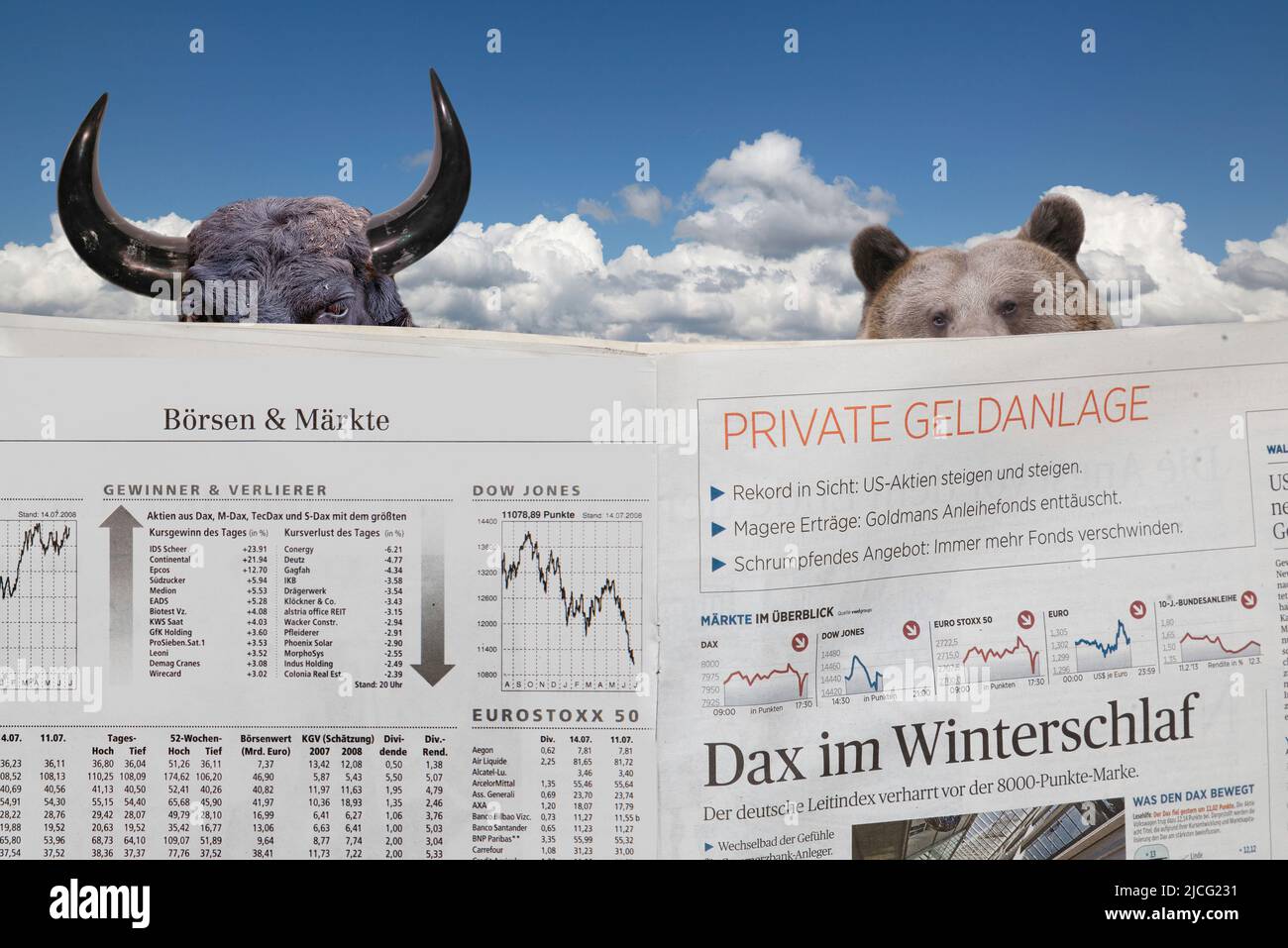 Bull e Bear leggere le notizie del mercato azionario (M) Foto Stock