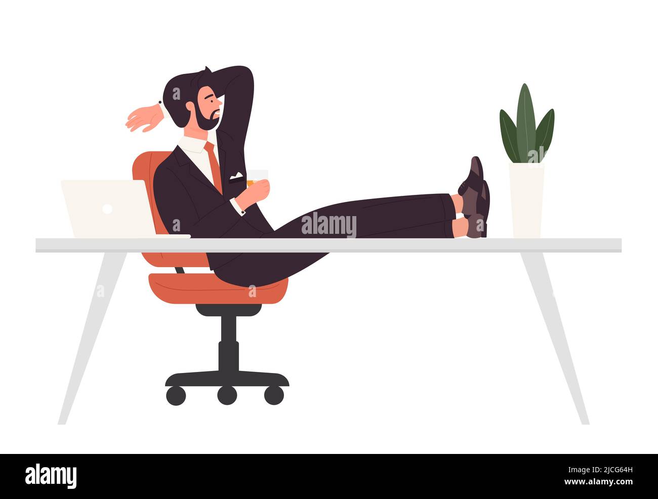 Uomo d'affari in poltrona e gambe sulla scrivania. Illustrazione vettoriale di un manager rilassante presso la workstation Illustrazione Vettoriale