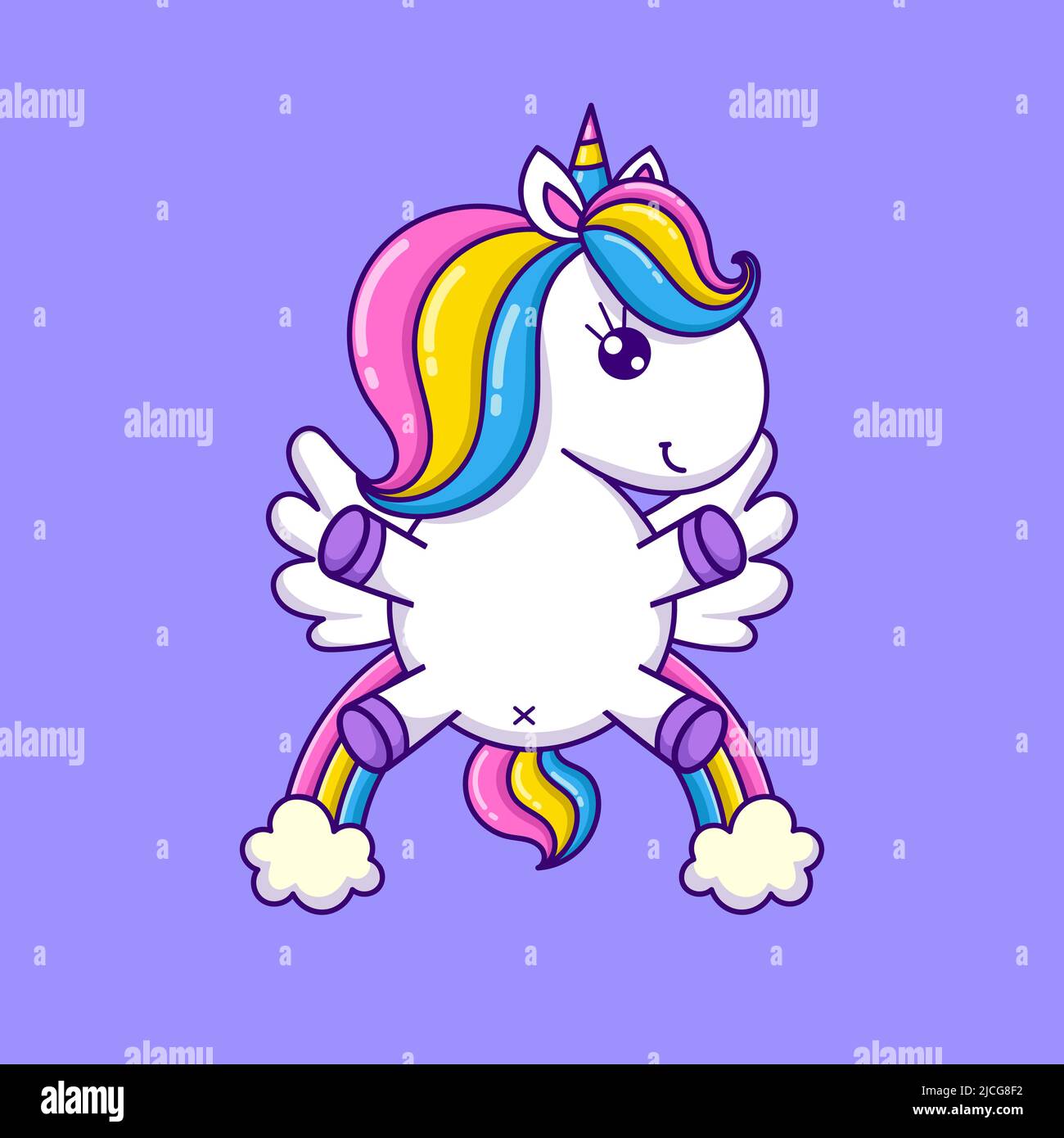 Divertente unicorno fumetto bianco e arcobaleno. Vettore Illustrazione Vettoriale