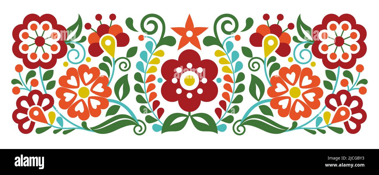 Modello floreale vettoriale in stile ricamo messicano, ornamento ispirato all'arte popolare del Messico, tradizionale artigianato vibrante sfondo in rosso, giallo e gre Illustrazione Vettoriale