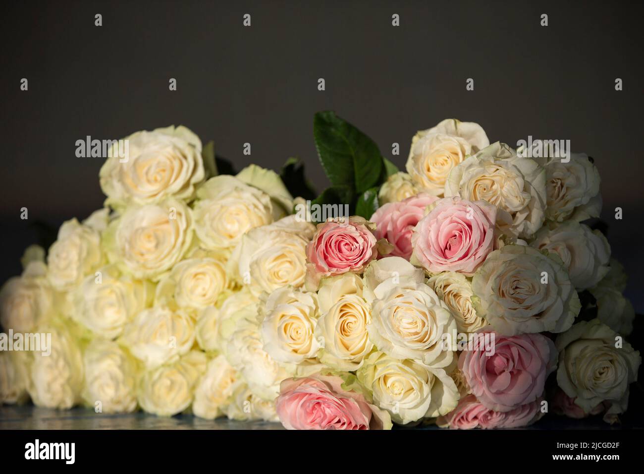 Bel bouquet vintage di rose bianche su sfondo scuro. Foto Stock