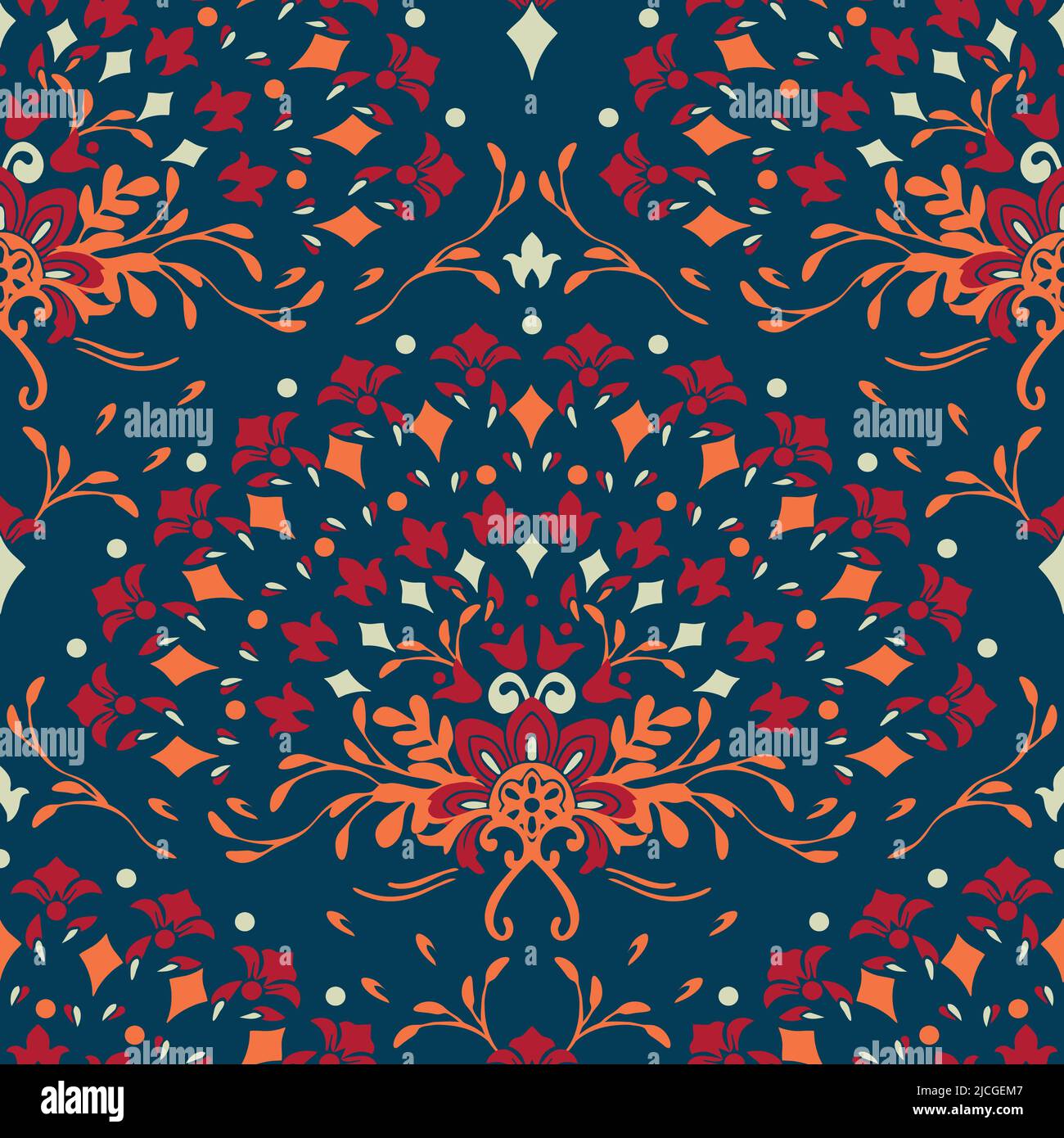 Motivo vettoriale senza cuciture con ventola a mano floreale su sfondo blu scuro. Romantico fiore curva carta da parati design. Tessuto decorativo tribale di moda. Illustrazione Vettoriale