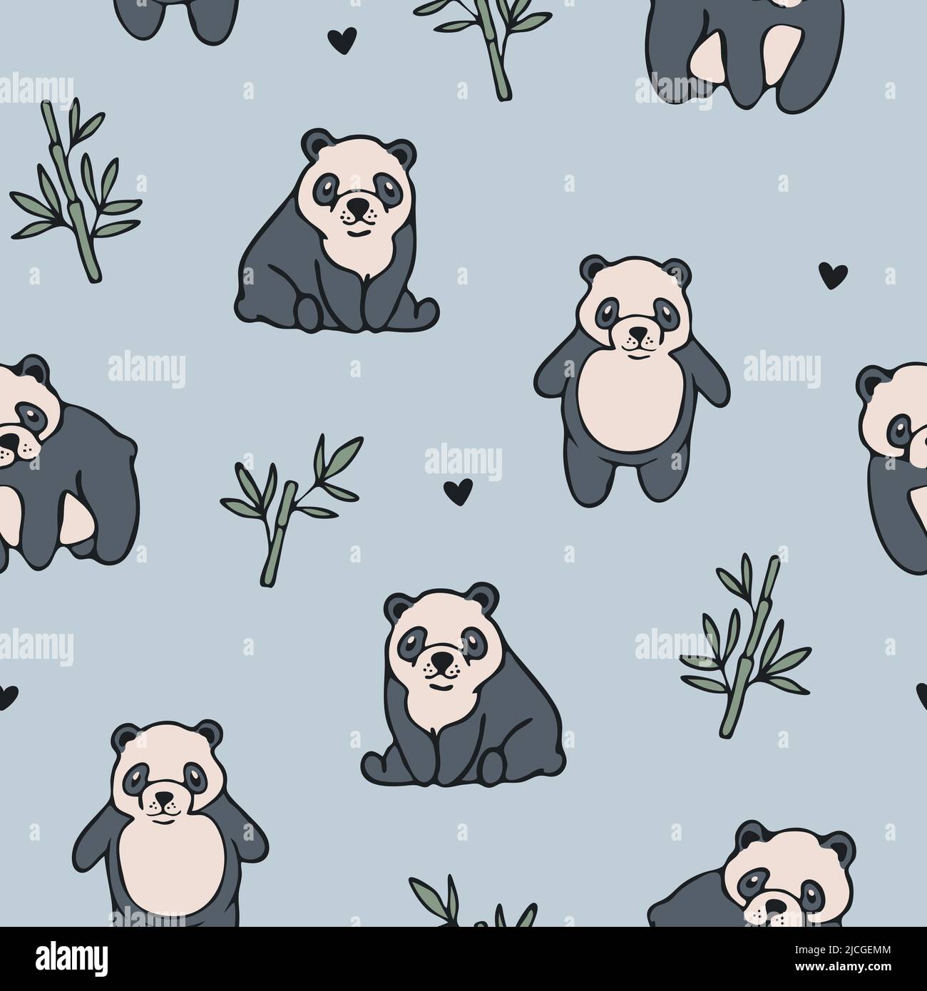 Pattern vettoriale senza cuciture con panda carino su sfondo blu. Semplice cartoon animale carta da parati design. Decorativo orsacchiotto di moda tessile. Illustrazione Vettoriale