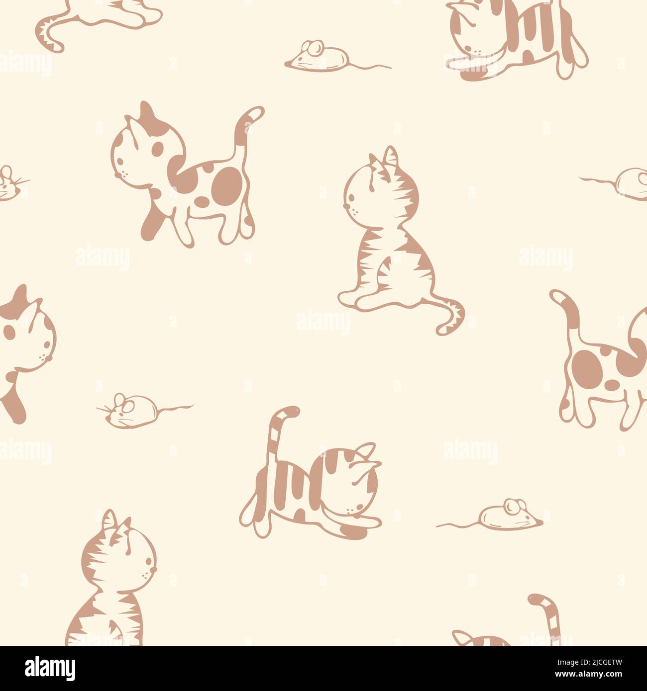 Motivo vettoriale senza cuciture con gatto carino su sfondo giallo chiaro. Semplice disegno di carta da parati kitten disegnata a mano. Decorativo animale disegno tessile moda. Illustrazione Vettoriale