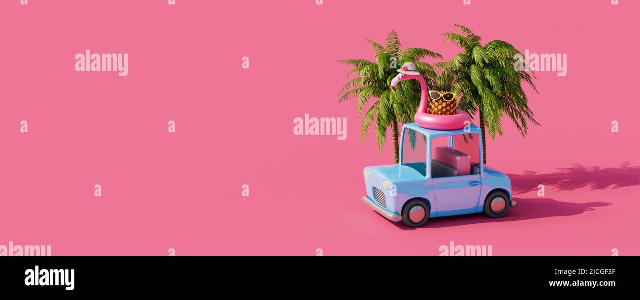 Carino auto con palme e flamingo gonfiabile su sfondo rosa. Creative Summer Travel Concept 3D illustrazione Render 3D Foto Stock