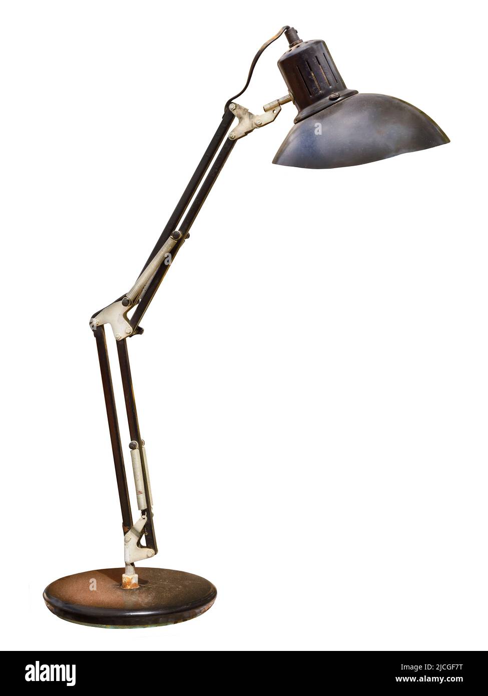 Lampada da scrivania vintage arrugginita con bracci flessibili isolati su sfondo bianco Foto Stock