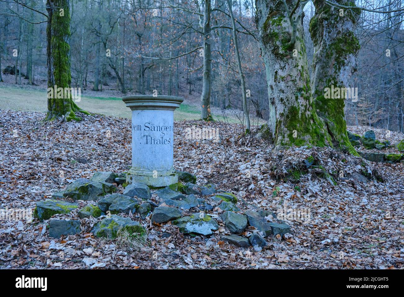 Seifersdorfer tal, Wachau, Sassonia, Germania: Staffage nella forma del memoriale 'al cantante della valle' nel parco del Seifersdorfer tal. Foto Stock