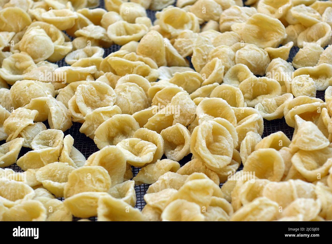 Immagine ravvicinata delle orecchiette pugliesi fresche fatte a mano. Ricetta tipica italiana per la pasta Foto Stock