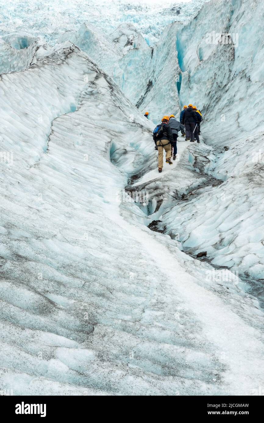 Gruppo di turisti che camminano sul ghiacciaio Vatnajokull vicino Skaftafell, Islanda Foto Stock