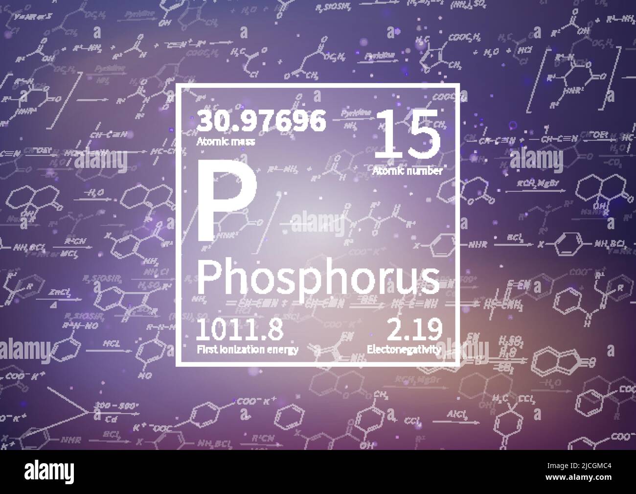 Elemento chimico del fosforo con prima energia di ionizzazione, massa atomica ed elettronegatività su sfondo scientifico Illustrazione Vettoriale