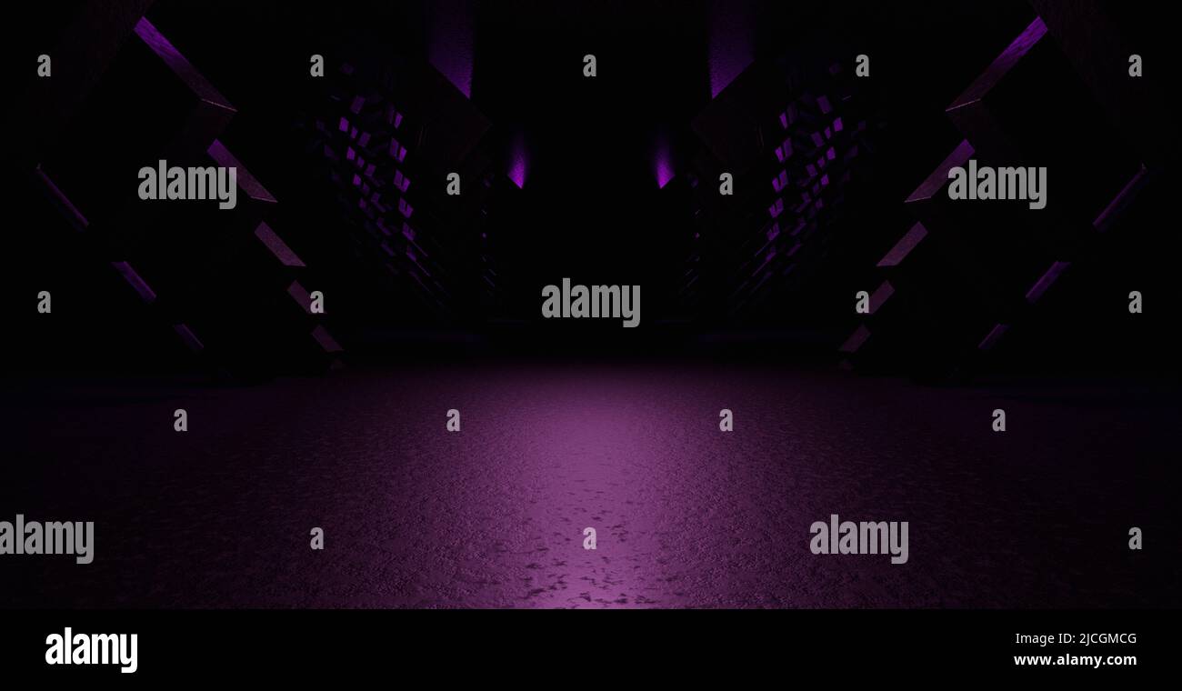 Galleria eterna Corridoio magazzino Surreal futuro Dystopian Deep Violet Banner sfondo industriale 3D Render Foto Stock