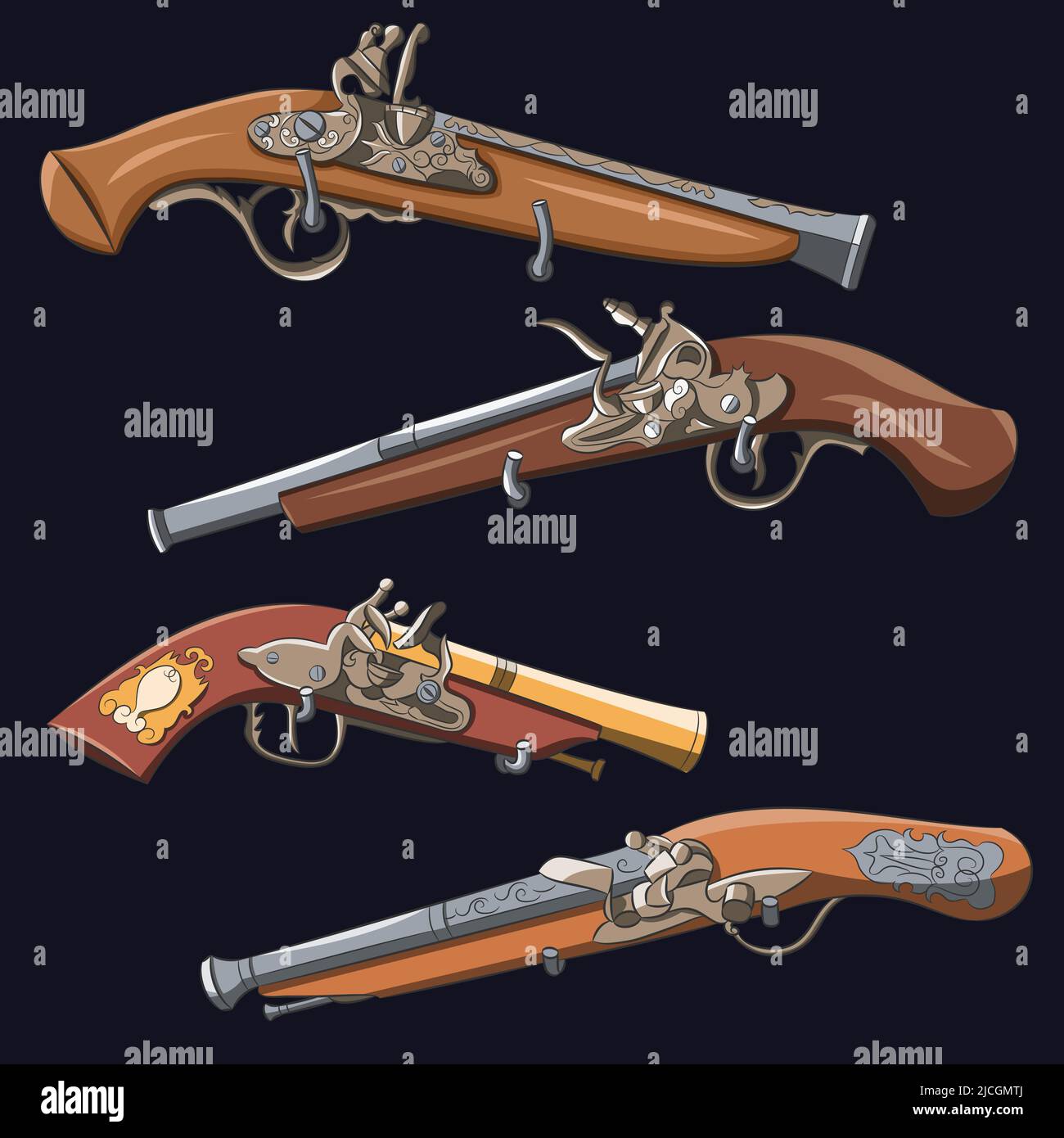 Quattro antiche pistole vintage flintlock su sfondo blu scuro. Illustrazione Vettoriale