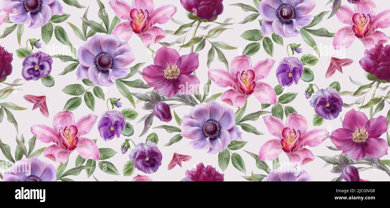 Motivo floreale, raffigurante un orchidea, anemone, hellebore, pantie. Illustrazioni acquerello. Illustrazione di alta qualità Foto Stock