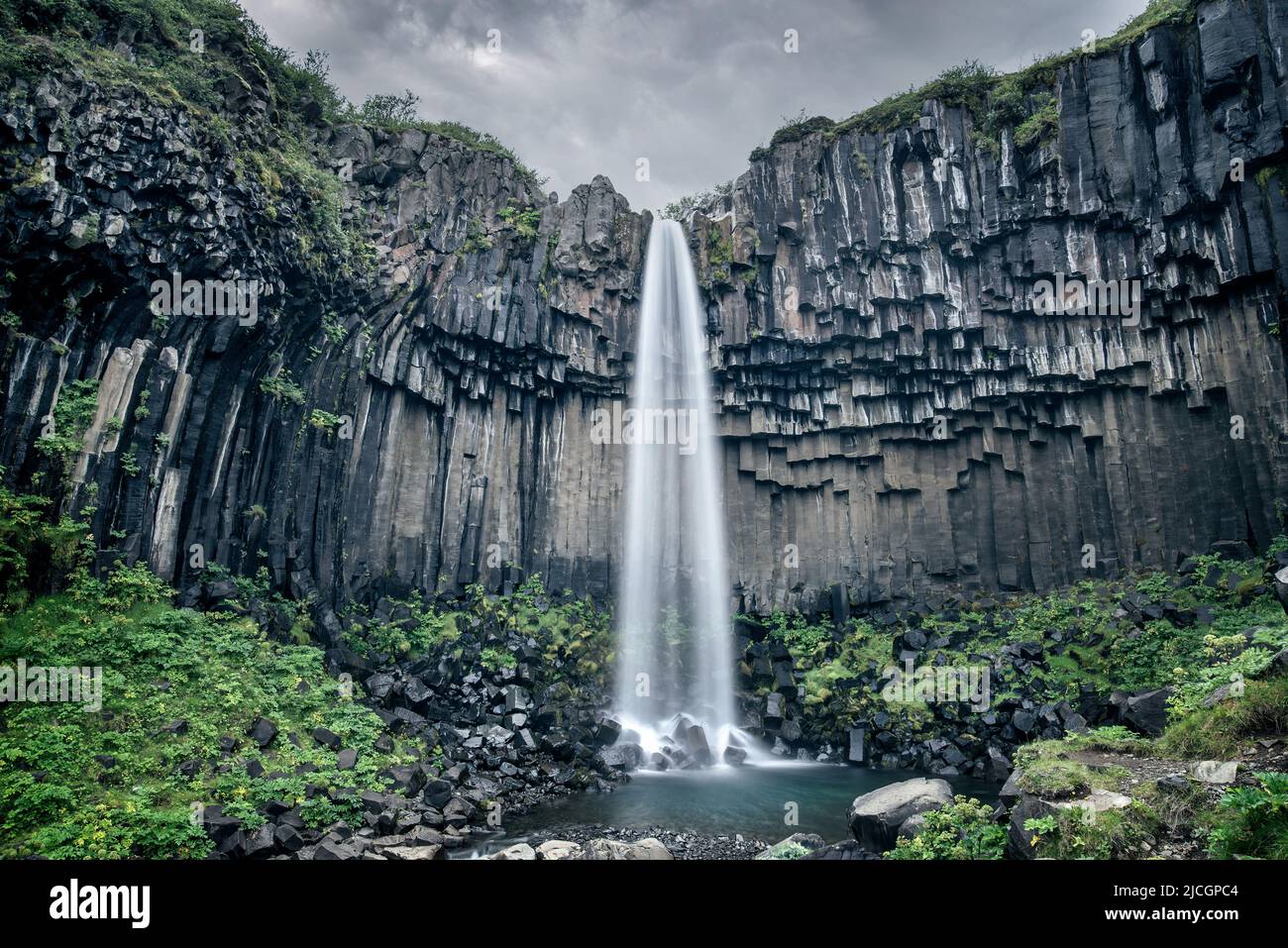 Scenografica cascata di Svartifoss in estate, Islanda Foto Stock