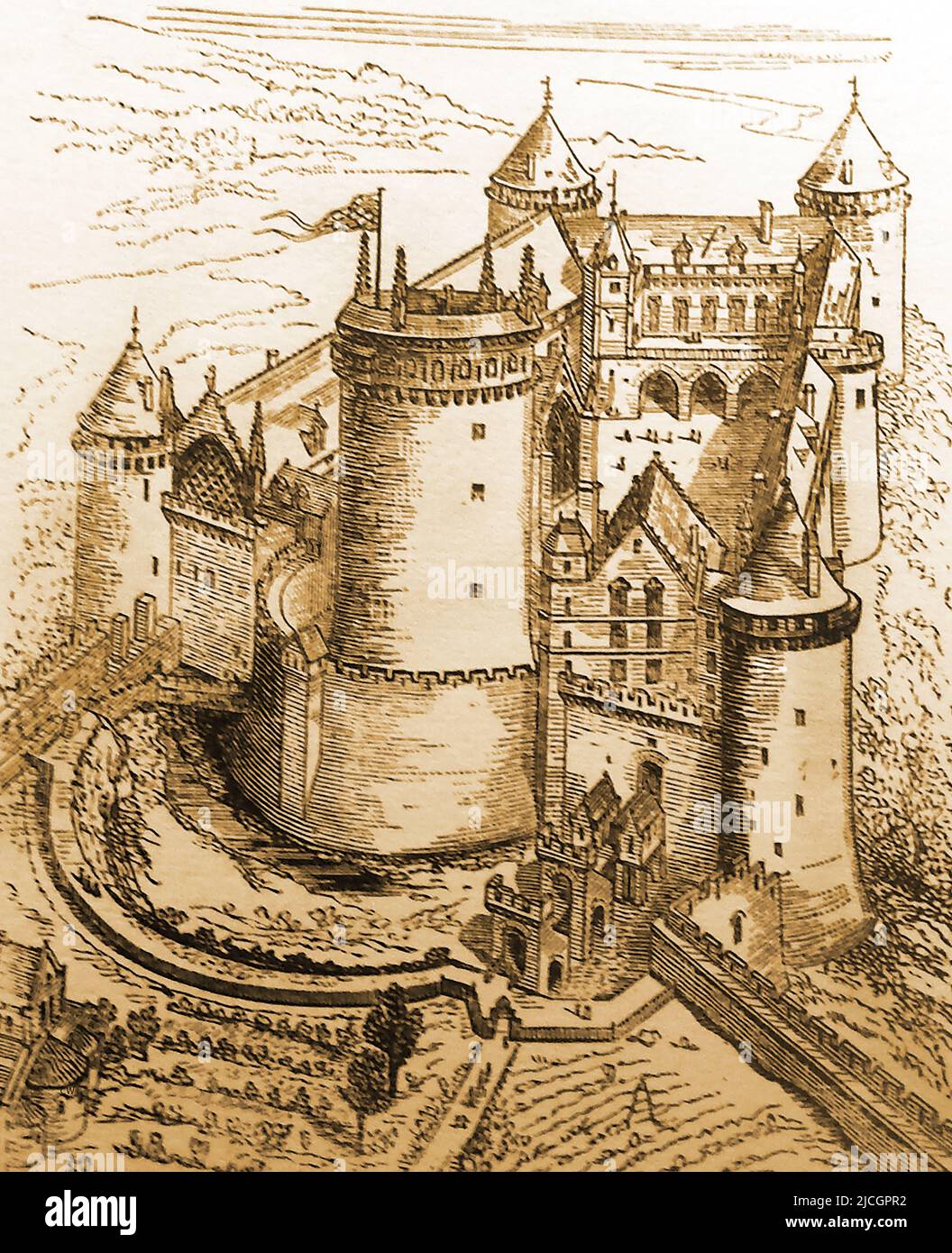 Un'antica illustrazione di incisione del castello di Coucy (aka Castello di Coucy) come era una volta. ----- Une gravure ancienne du Château de Coucy. Il castello francese si trova nel comune di Coucy-le-Château-Auffrique, in Piccardia,. Fu costruito nel 13th secolo da Enguerrand III, Signore di Coucy e ristrutturato nel 19th secolo da Eugène Viollet-le-Duc . Foto Stock