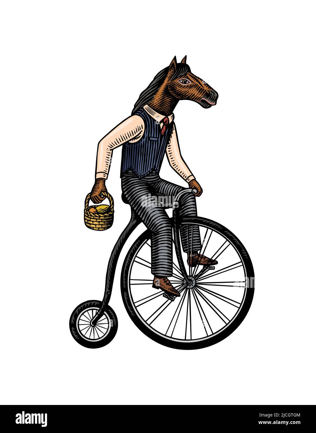 Un uomo a cavallo in un vestito corre in bicicletta. Consegna cibo uomo. Moda animale carattere. Disegno a mano del contorno del legno. Illustrazione con incisione vettoriale Illustrazione Vettoriale