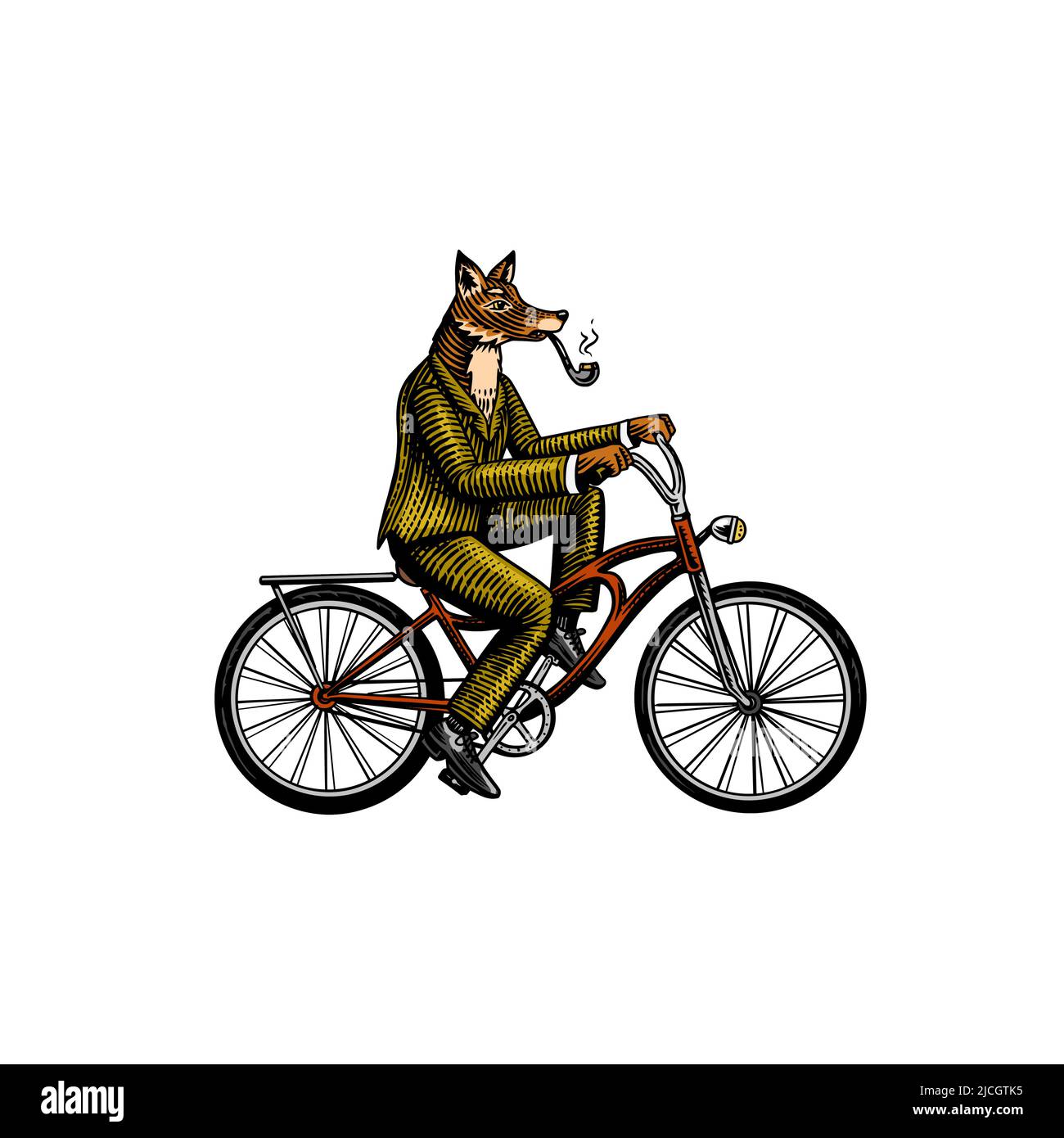 Una volpe con un tubo in un vestito corre una bicicletta e pedali. Moda animale carattere. Disegno a mano del contorno del legno. Illustrazione con incisione vettoriale per Illustrazione Vettoriale