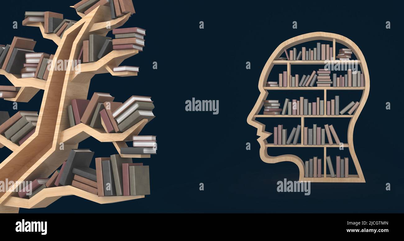 Illustrazione del volto umano con libri e scaffale in legno a forma di albero su sfondo nero Foto Stock