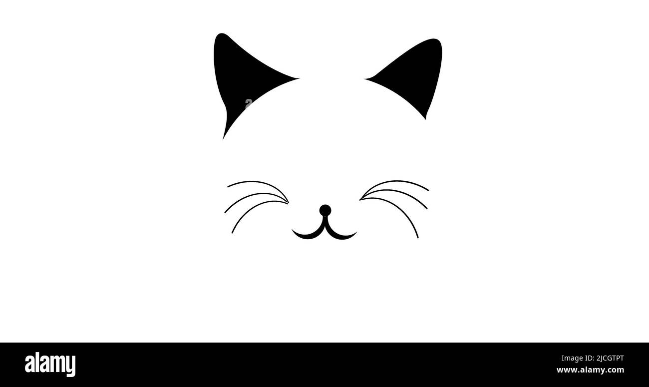 Immagine illustrativa di gatto carino con baffi neri, bocca e orecchie su sfondo bianco, spazio copia Foto Stock