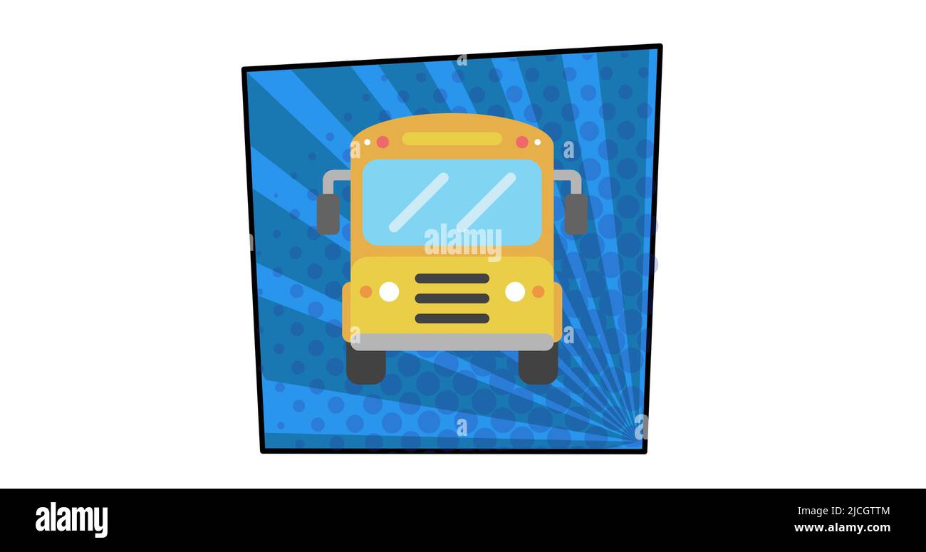 Immagine illustrativa dell'autobus scolastico con strisce e puntini a forma di quadrato blu su sfondo bianco Foto Stock
