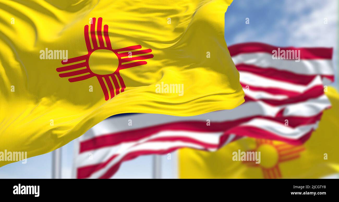 La bandiera dello stato del New Mexico sventola insieme alla bandiera nazionale degli Stati Uniti d'America. Sullo sfondo c'è un cielo limpido. Il nuovo Messico è un Foto Stock