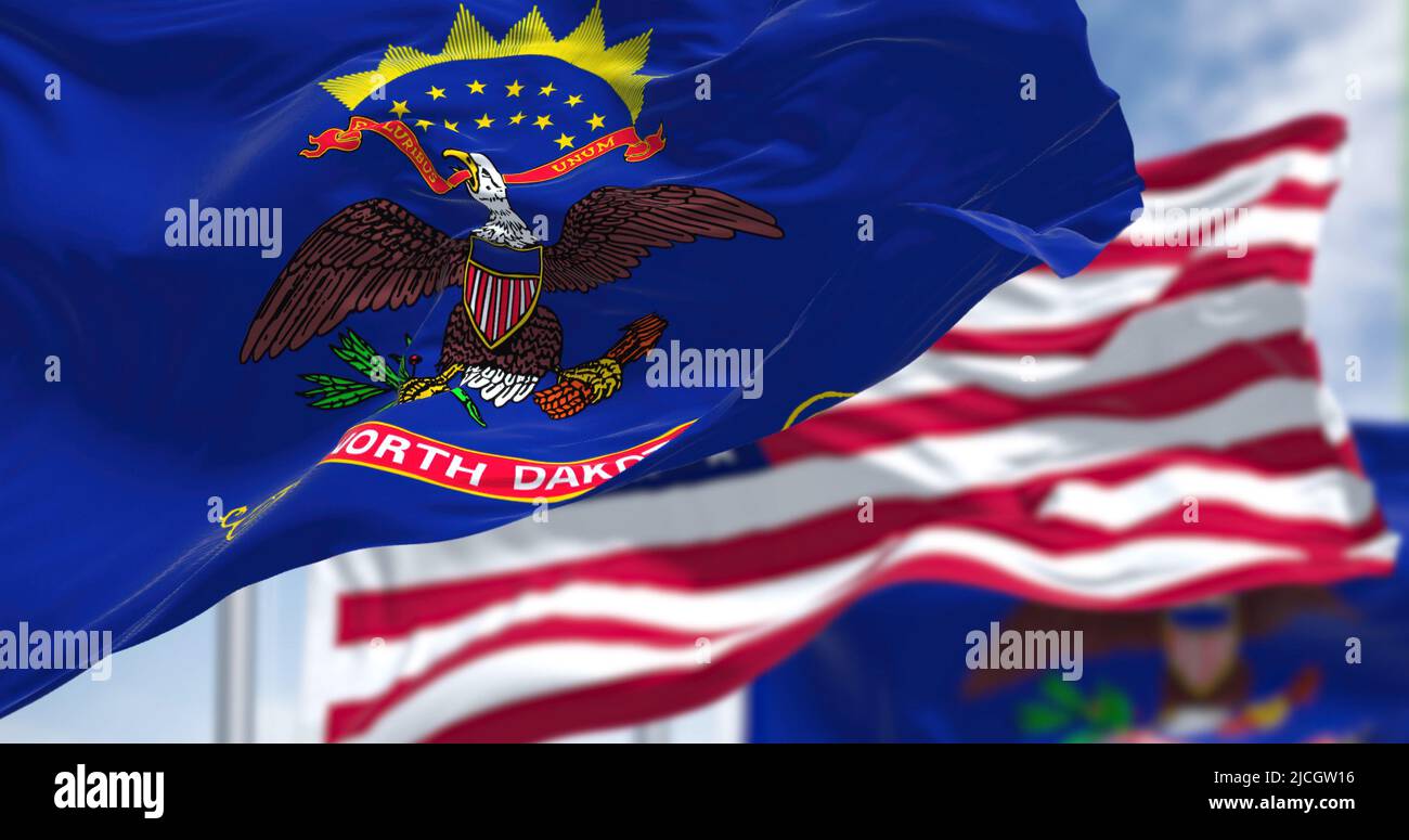 La bandiera di stato del North Dakota sventola insieme alla bandiera nazionale degli Stati Uniti d'America. Sullo sfondo c'è un cielo limpido. Dakota del Nord Foto Stock
