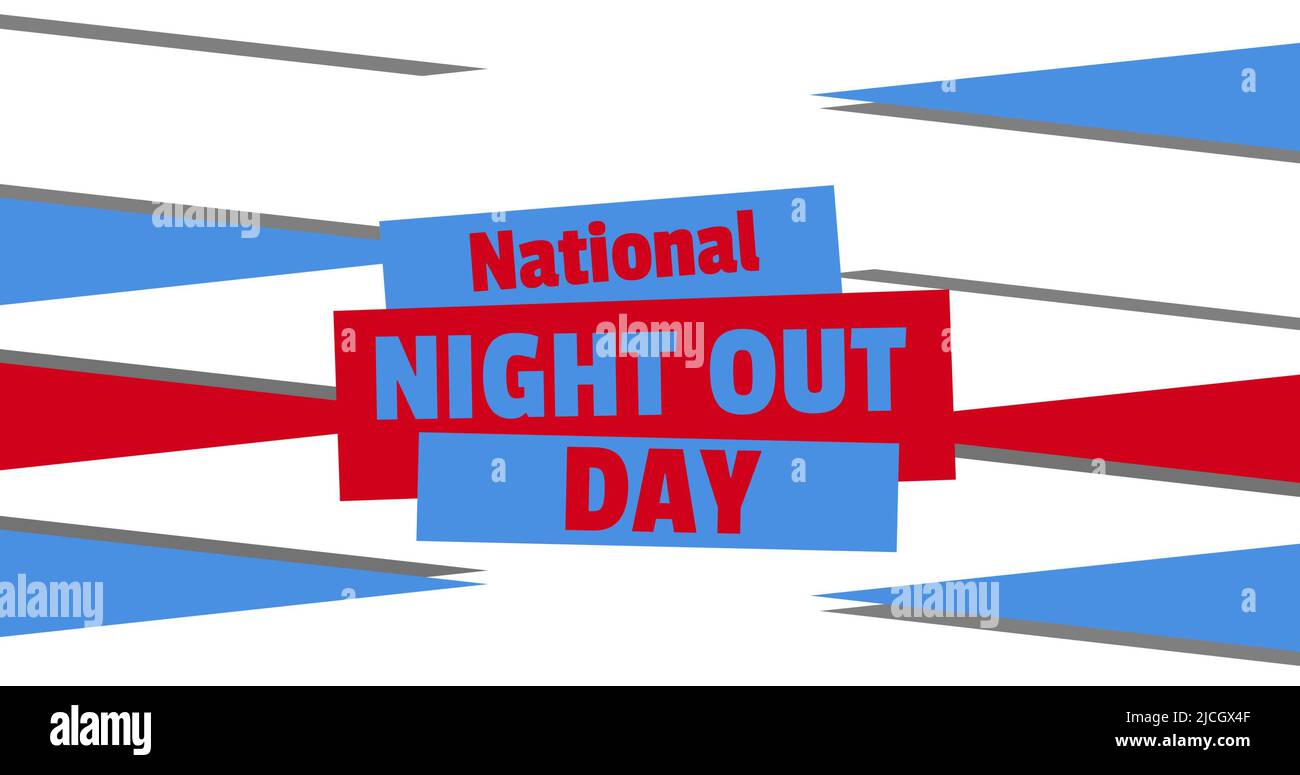 Illustrazione del testo nazionale del giorno notturno con forme triangolari blu e rosse su sfondo bianco Foto Stock