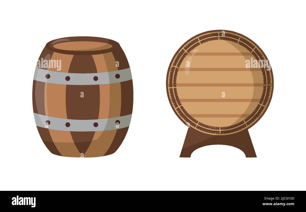 Barili di alcol. Vista frontale di botti di legno con contenitori per barra di rum. Illustrazione Vettoriale