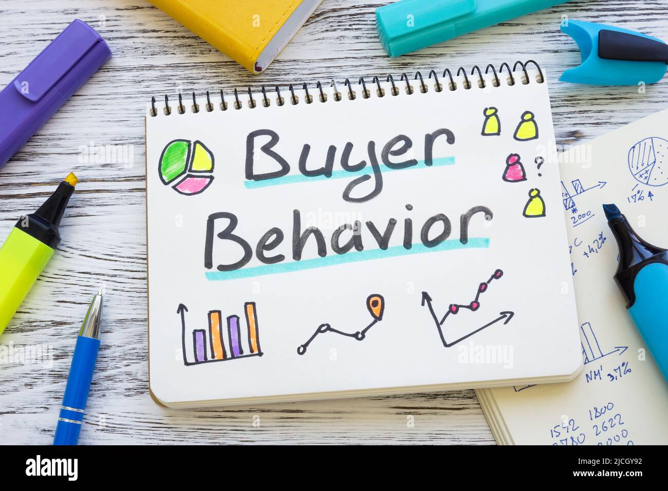 Concetto di comportamento dell'acquirente. Aprire il blocco note con i grafici. Foto Stock