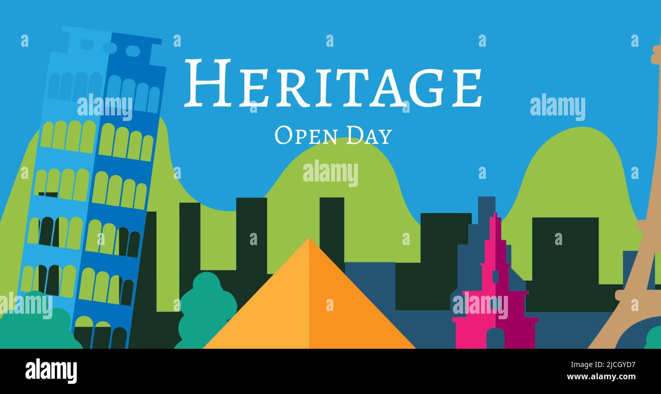Immagine vettoriale di vari monumenti con testo del patrimonio aperto giorno, spazio di copia Foto Stock