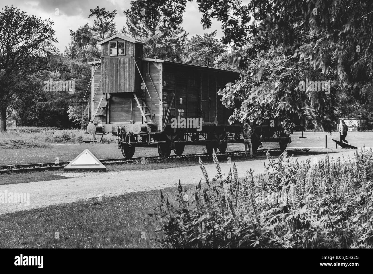 Treno carrozza per bestiame in ex campo Westerbork. Ora è un memoriale olandese dell'olocausto a Drenthe Foto Stock