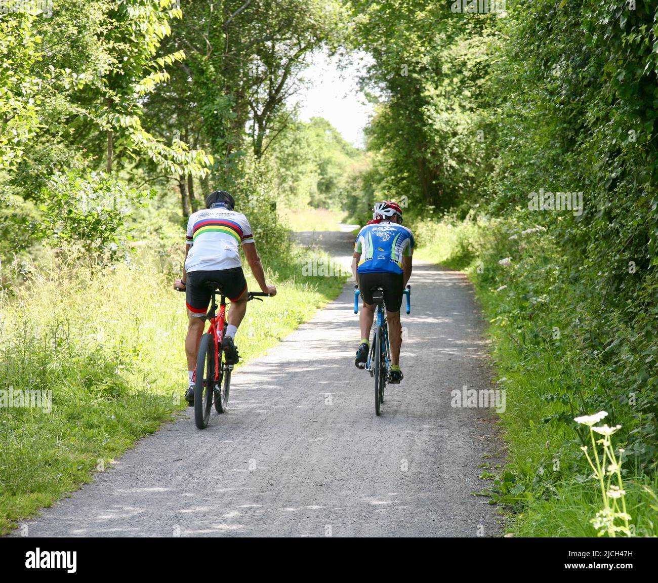 Ciclisti sul sentiero di traino in una calda giornata estiva, Saint-lo, Normandia, Francia, Europa Foto Stock