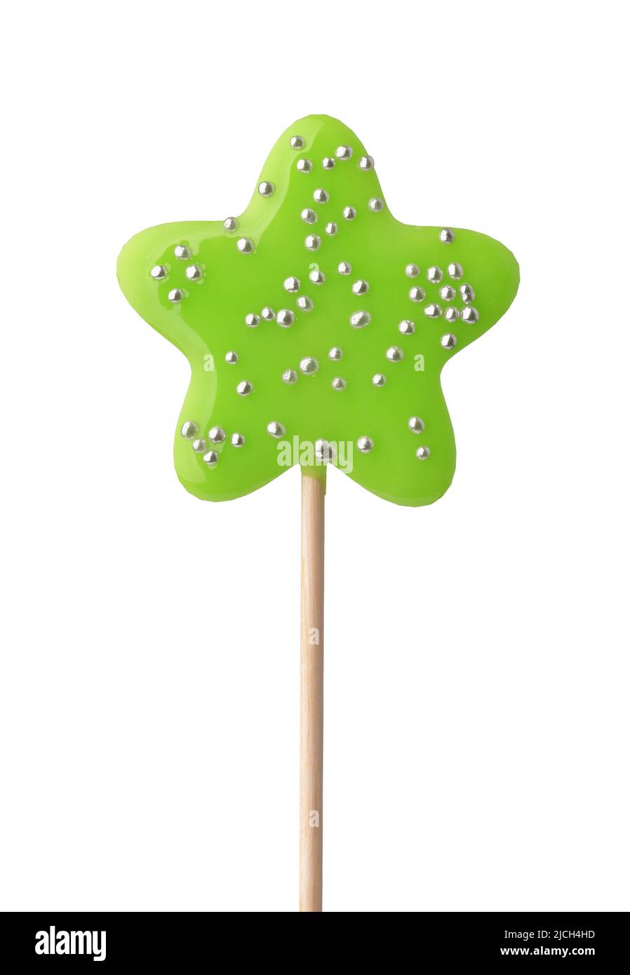 Vista frontale della stella verde lecca lecca con perle d'argento isolate su bianco Foto Stock