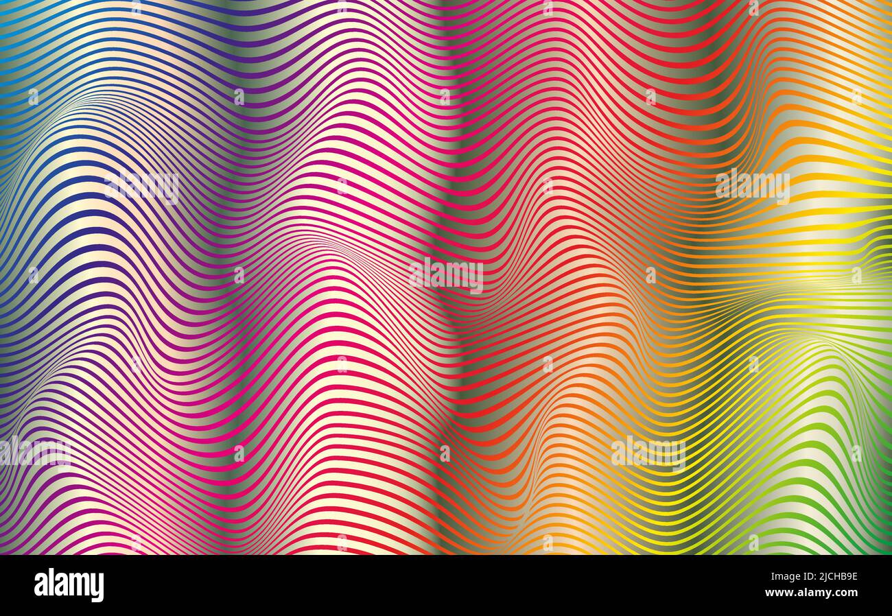 Linee psichedeliche. Modello astratto. Texture con righe ondulate e curve. Sfondo ottico. Disegno sfumatura a colori a onda, illustrazione vettoriale Illustrazione Vettoriale