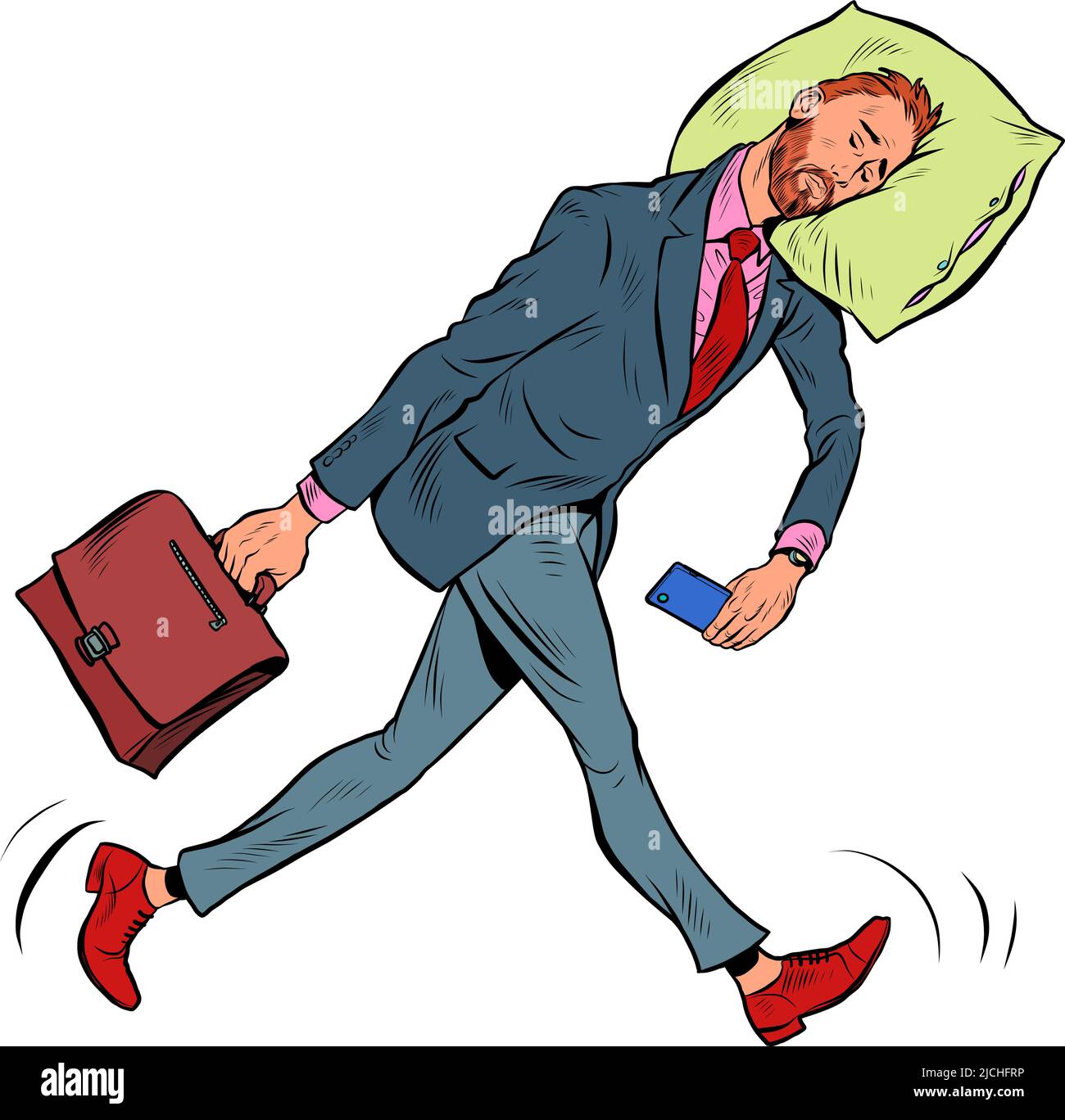 Un uomo d'affari stanco dorme in movimento. Va al lavoro la mattina con la testa su un cuscino Illustrazione Vettoriale