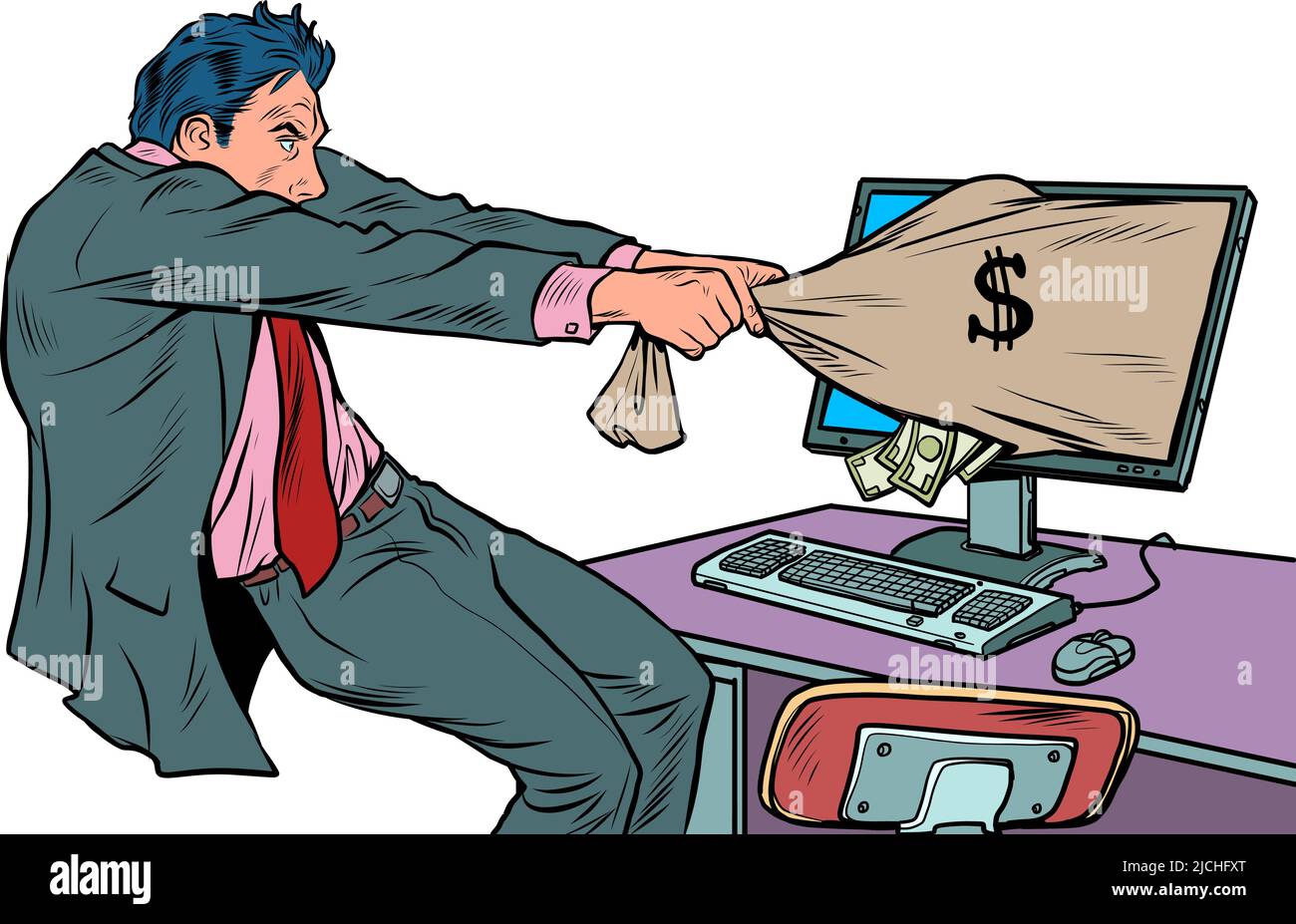 L'uomo d'affari tira i soldi fuori del Internet. Uomo con una borsa di denaro elettronico Illustrazione Vettoriale
