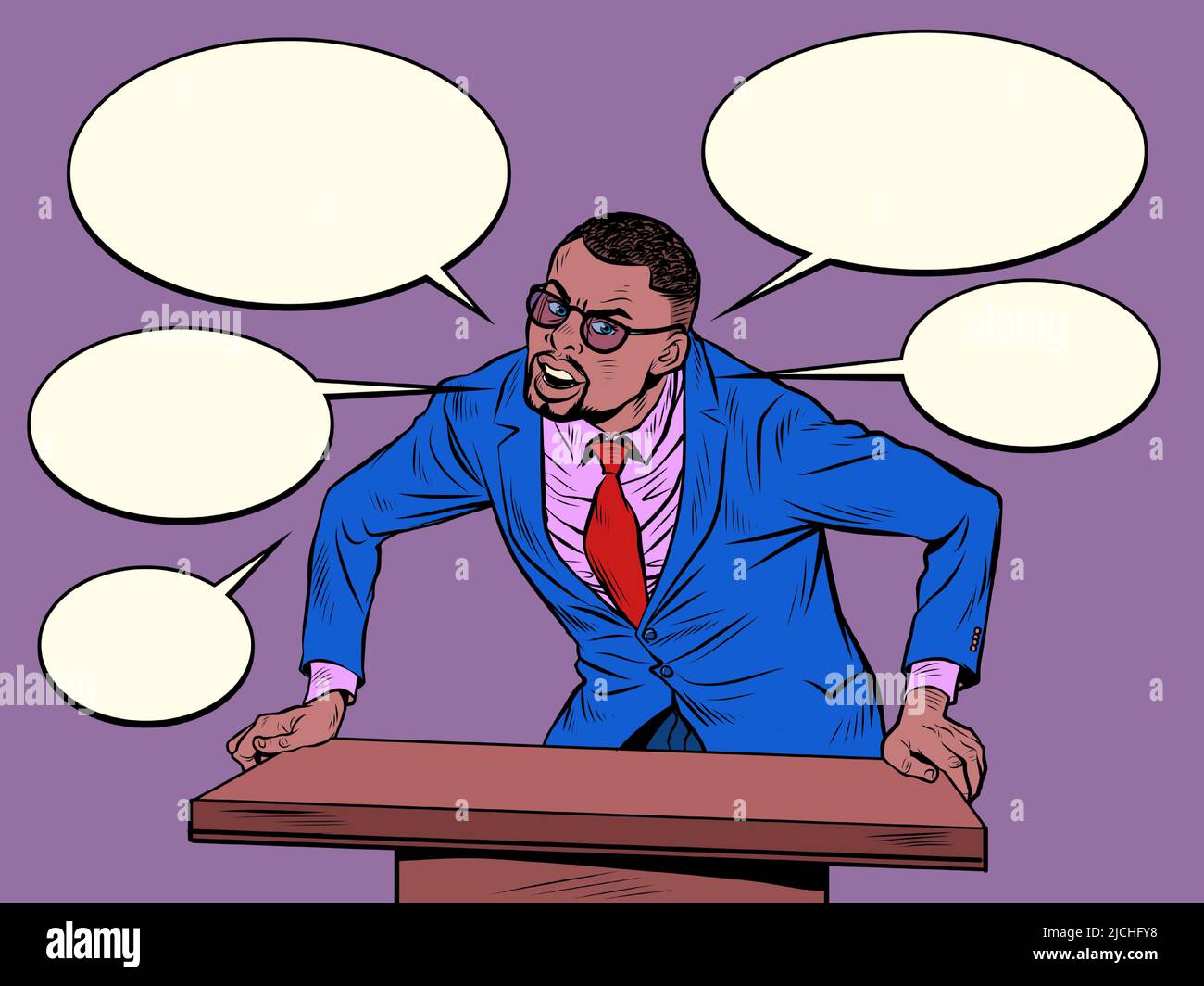 l'oratore d'affari africano parla sul podio, scuola d'affari di formazione. Politico o predicatore Illustrazione Vettoriale