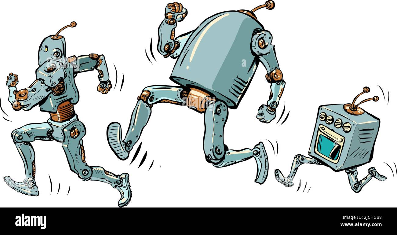 I robot sono in funzione. Diversi modelli di meccanismi umanoidi intelligenti artificiali. Maratona corsa sport di velocità Illustrazione Vettoriale