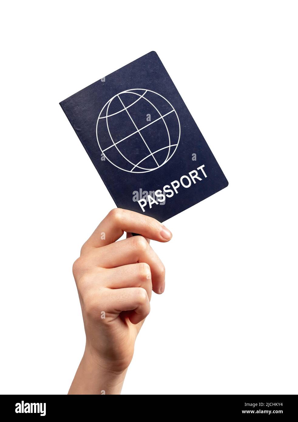 Donna tenuta passaporto isolato su sfondo bianco. Concetto di viaggio. Identità, verifica della nazionalità. Foto di alta qualità Foto Stock