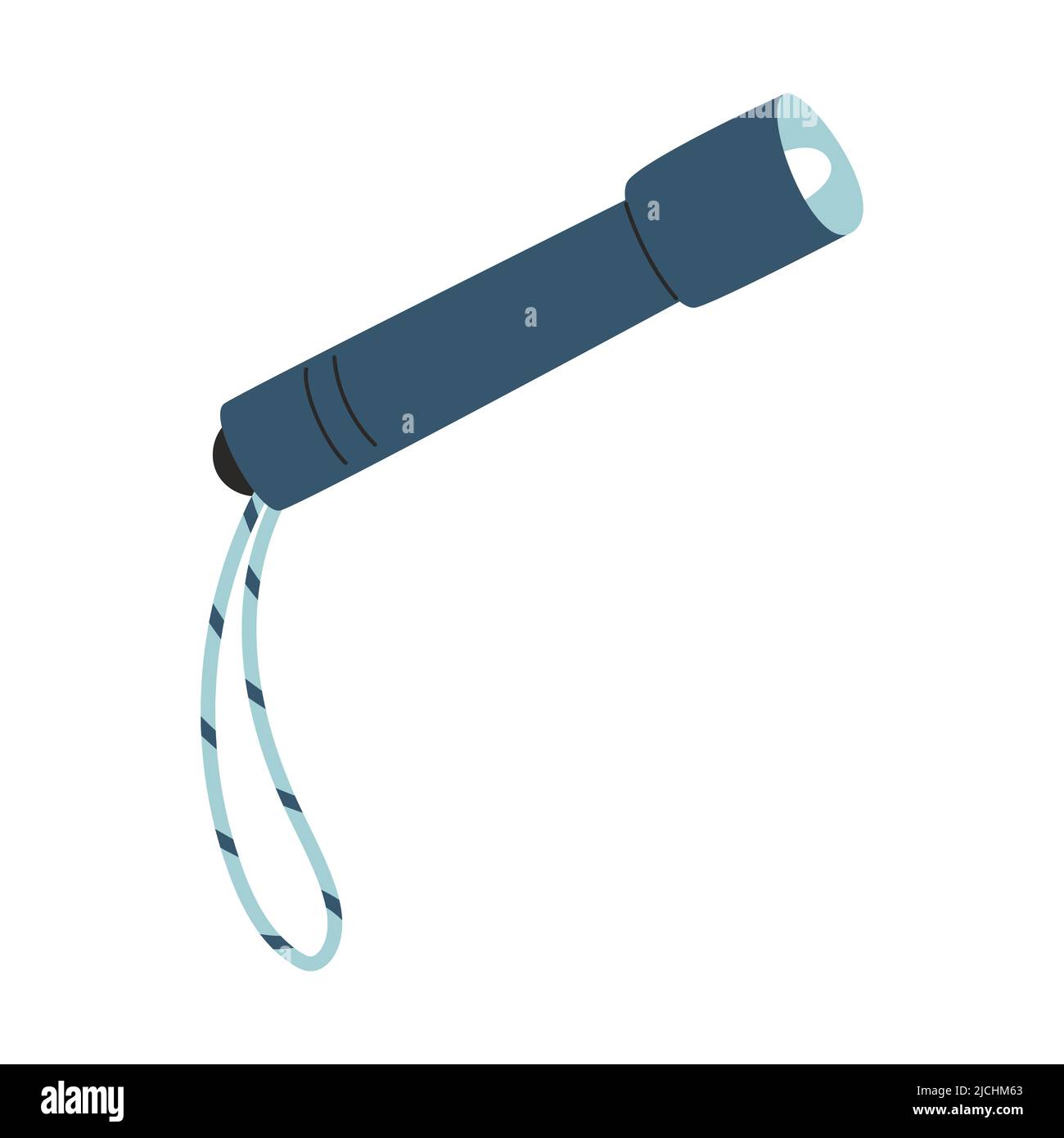 Torcia tascabile portatile con cordicella. Dispositivo di illuminazione domestica. Attrezzature per il turismo, campeggio, viaggi, escursioni. L'illustrazione del vettore piatto è Illustrazione Vettoriale