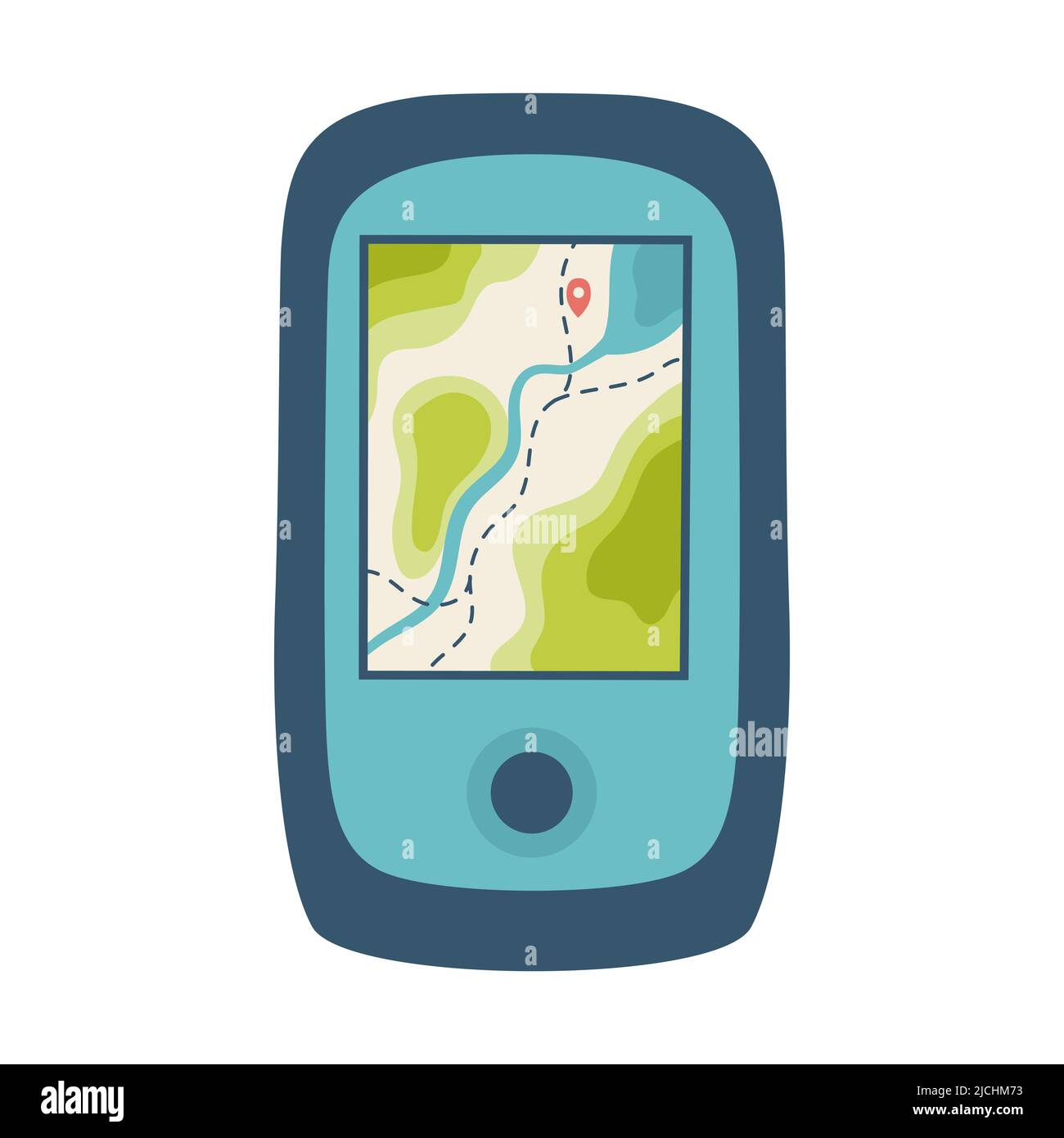 Navigatore turistico con mappa. Uno strumento per la navigazione, l'orientamento sul terreno. Attrezzature per turismo, viaggi, escursioni, sport. Vettore piatto illustrati Illustrazione Vettoriale