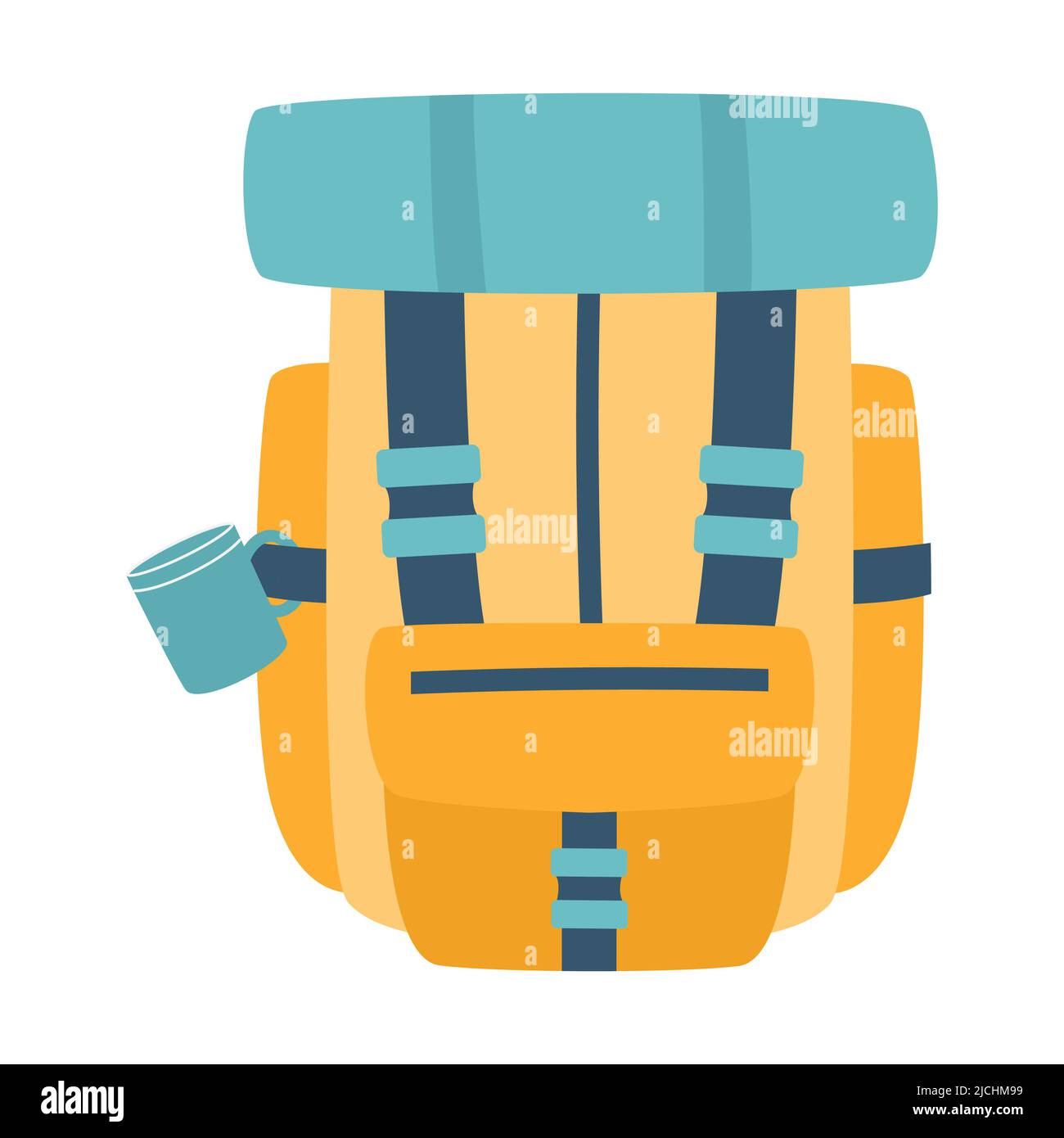 Zaino turistico con una tazza e un tappeto turistico. Attrezzature per pesca, turismo, viaggi, campeggio, escursioni. Illustrazione vettoriale piatta isolata su un bianco b Illustrazione Vettoriale