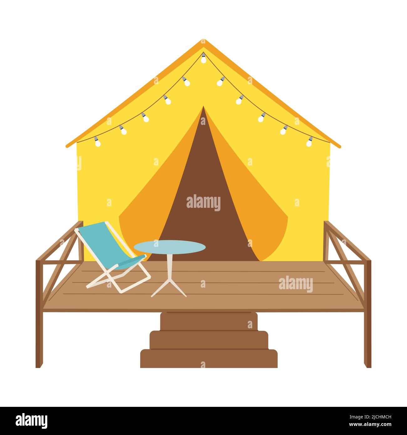 Tenda glamping con ghirlanda, tavolo e sedia sulla terrazza. Campeggio glamour nella natura. Per le carte, web. Simbolo di campeggio, attività ricreative all'aperto, touris Illustrazione Vettoriale