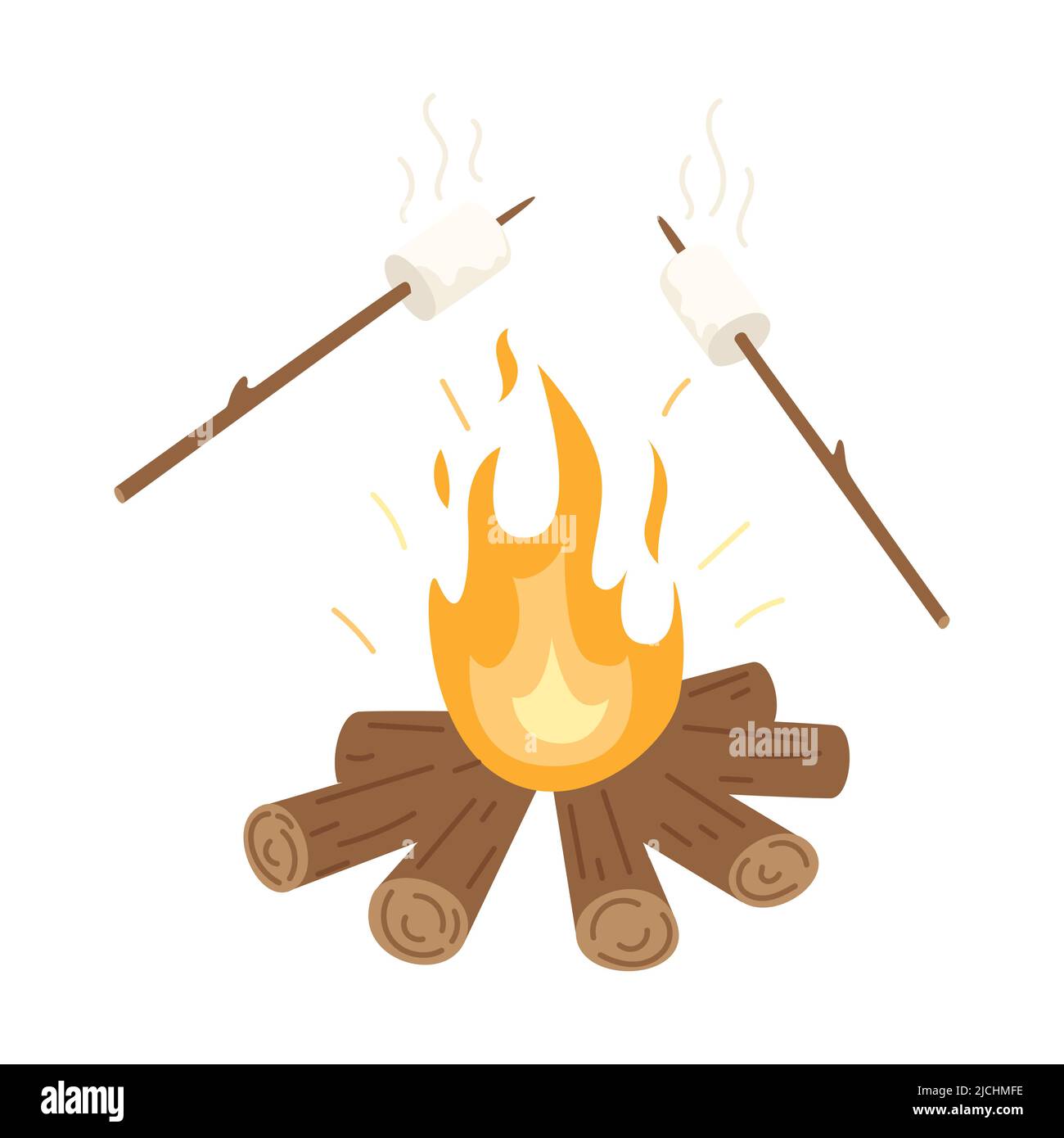 Un falò a legna e marshmallows fritti su bastoni. Picnic, escursioni, campeggio, turismo. Illustrazione vettoriale piatta isolata su sfondo bianco. Illustrazione Vettoriale