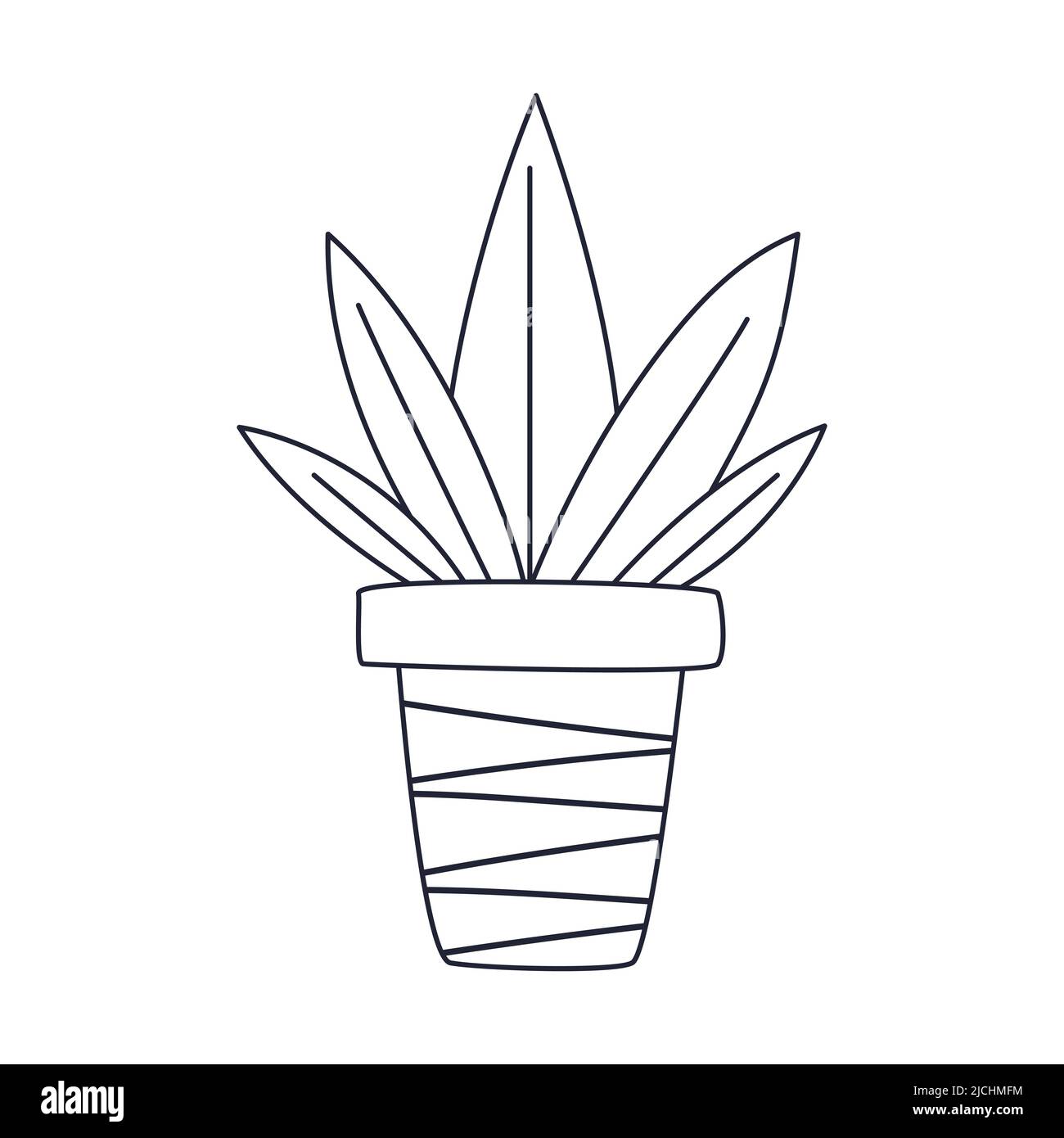Una pianta di casa semplice in una pentola. Delineare il doodle. Illustrazione vettoriale in bianco e nero isolata su sfondo bianco Illustrazione Vettoriale