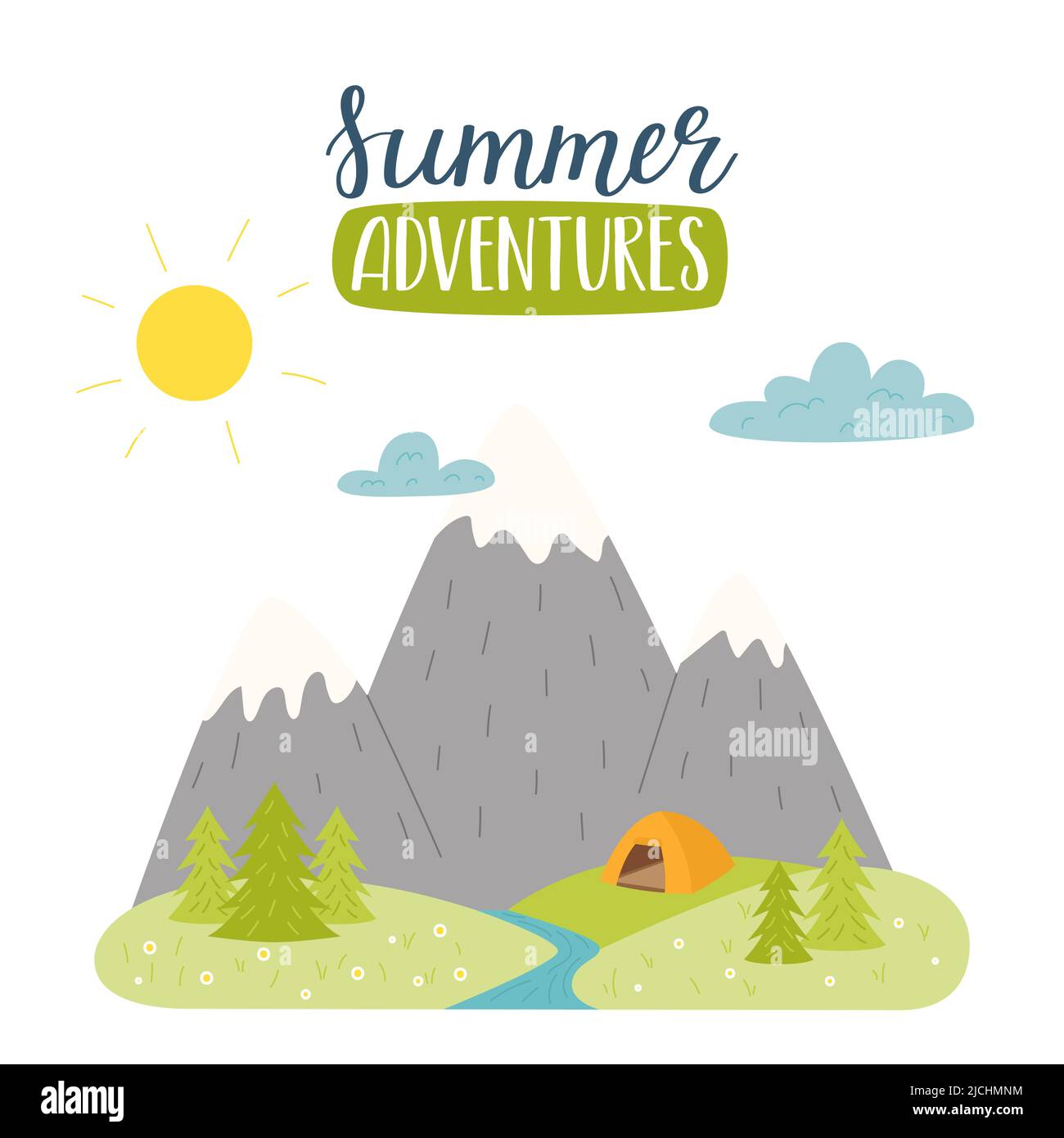 Montagne, fiume, abeti e tenda all'orizzonte e parole scritte a mano - Avvento estivo. Paesaggio estivo. Attività ricreative all'aperto, escursioni, campeggio, t Illustrazione Vettoriale